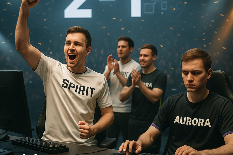 Photographic CS2 News hero image of Team Spirit defeating Aurora 2–1 on stage, Spirit