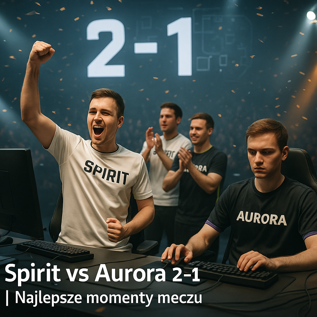 Photographic CS2 News hero image of Team Spirit defeating Aurora 2–1 on stage, Spirit